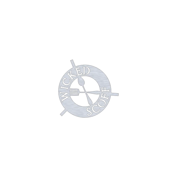 Circular trivet made from 1/8-inch aluminum with 'Wicked Scoff' phrase cut out. Central design features a fork and spoon crossing. The trivet is displayed on a black background, showcasing its intricate laser-cut detailing and sturdy construction.